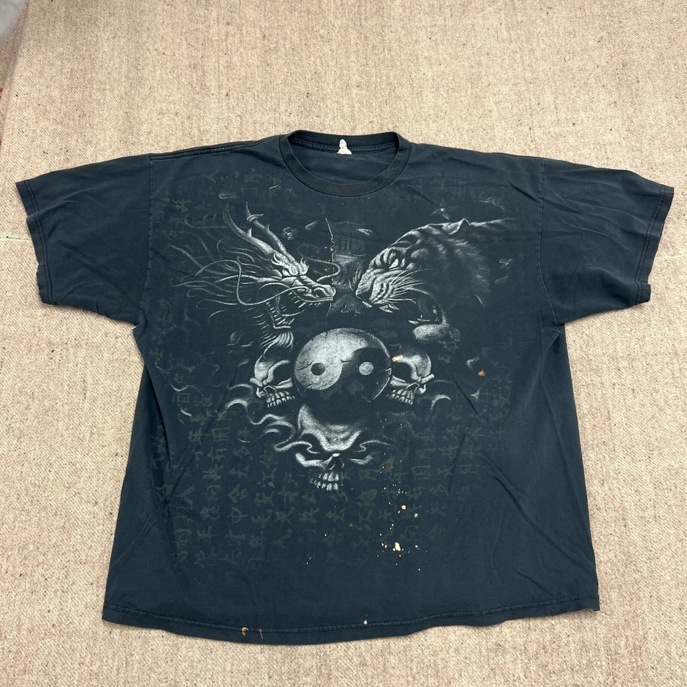 Vintage Y2K Shirt Mens XL Black 2000s Skull Peace Tiger Grunge